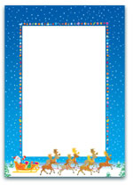 Santa in a sleigh led by reindeer on a snowy landscape, framed by colourful holiday lights against a blue starry background, ideal for Christmas greetings