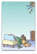 Sleeping child in a cosy bedroom with a teddy bear and a whimsical tooth fairy sprinkling magic, ideal for bedtime or fantasy-themed designs